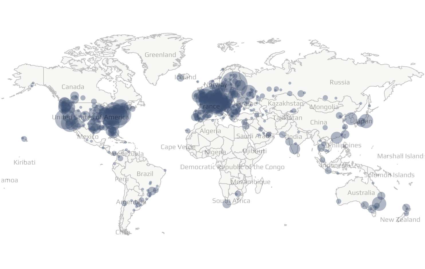 Map of reachable Bitcoin nodes on Bitnodes.io