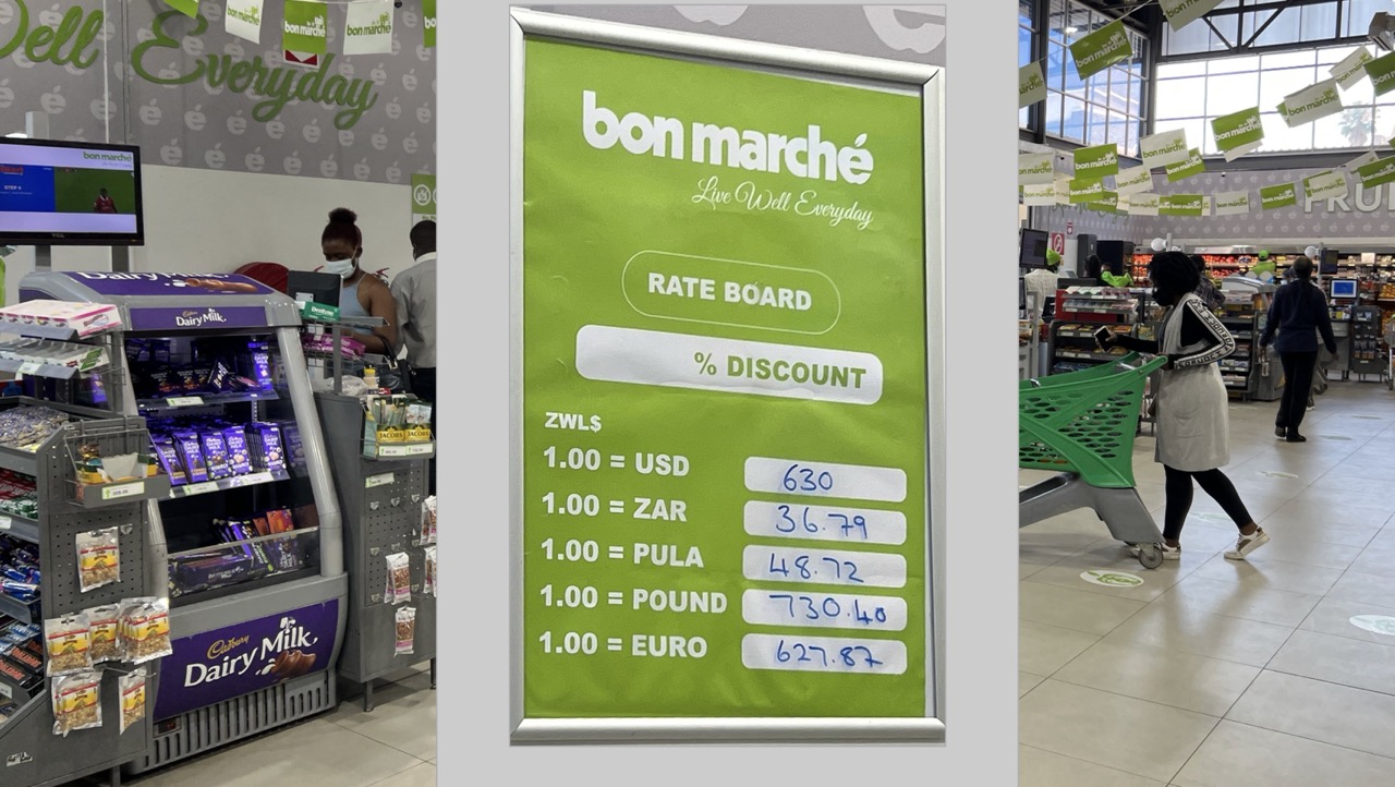 Currency exchange rate board in a Zimbabwean shop
